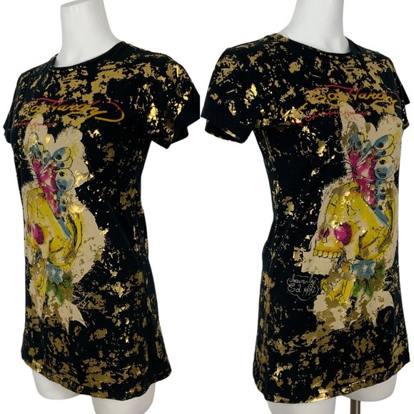 Ed Hardy NWT Rare Gold Fleck Sketch T-Shirt L Black Butterfly Skull t-shirt - Picture 3 of 11
